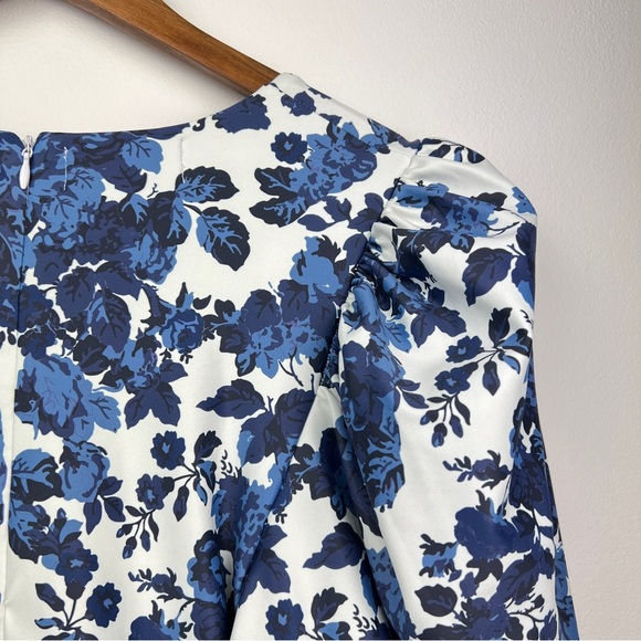 Smith & Quinn Floral Puff Sleeve Bow Detail Mini/Midi Dress Size Small Blue - Picture 11 of 12